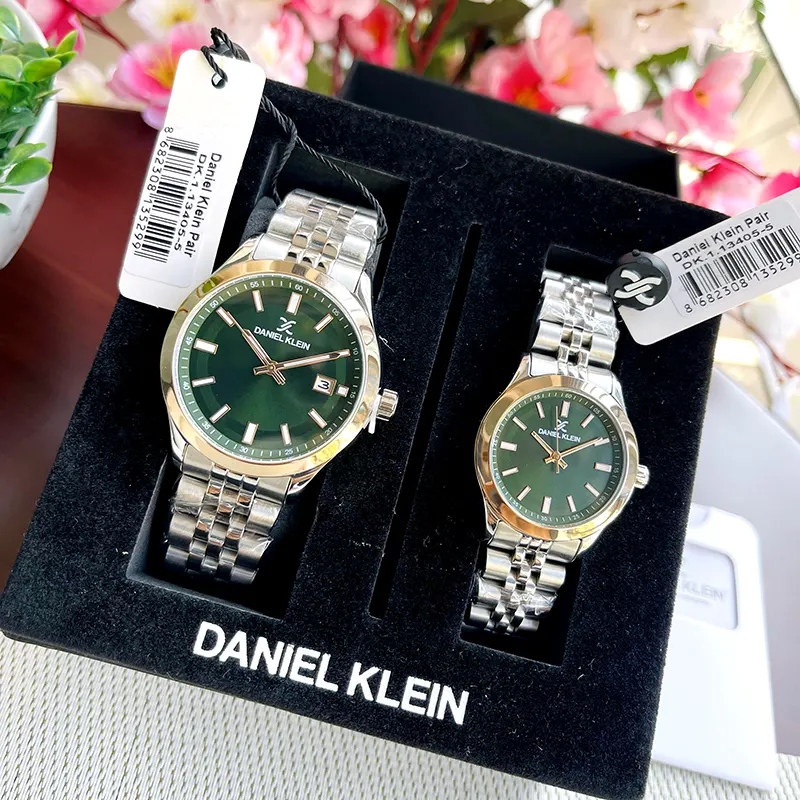 Daniel Klein Green Dial Silver-tone Couple Set | DK.1.13405-4